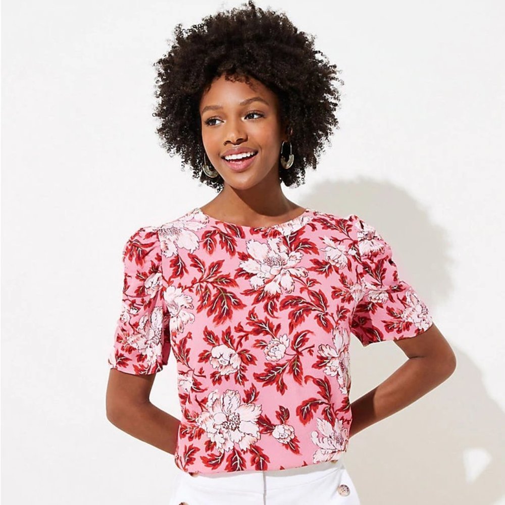 Ann Taylor Loft Floral Puff Sleeve Tee Blouse Top